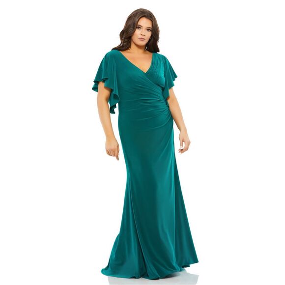NEW Mac Duggal Faux Wrap Butterfly Sleeve Gown Emerald Green 20W - Picture 1 of 12